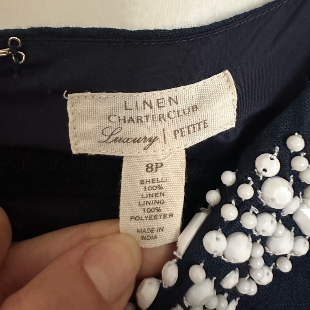 Charter Club Petite 100% Linen Sheath Dress Navy Beaded Trim Lined Sleeveless - Picture 2 of 5
